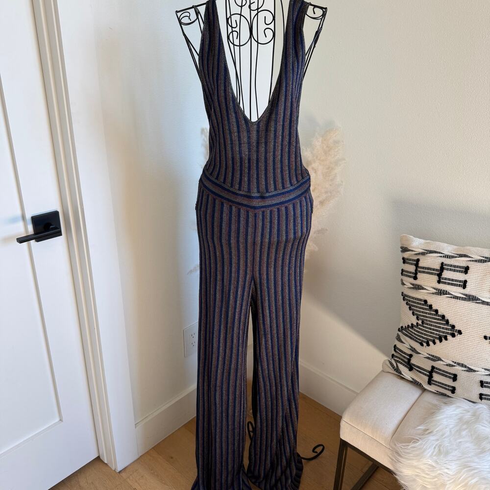 PH5 Blue Metallic Striped Knit V-Neck Tank Jumpsuit-Large- 70's, glam, retro